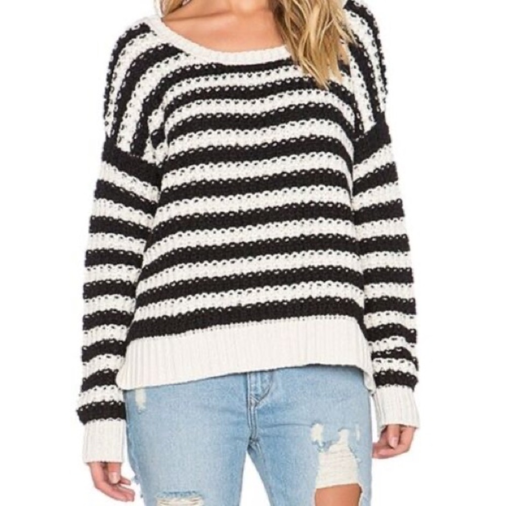 Free People At the Beach Cozy Black White Stripe Knit Sweater M